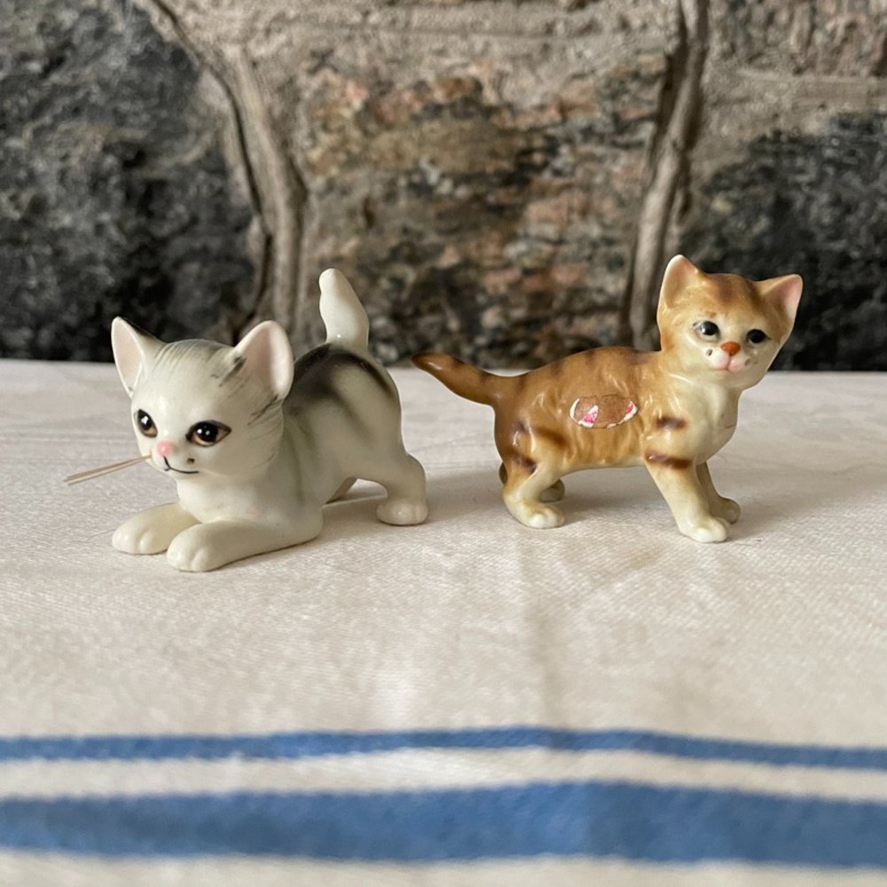 Vintage ceramic porcelain cat pair gray and orange tabby made in Japan